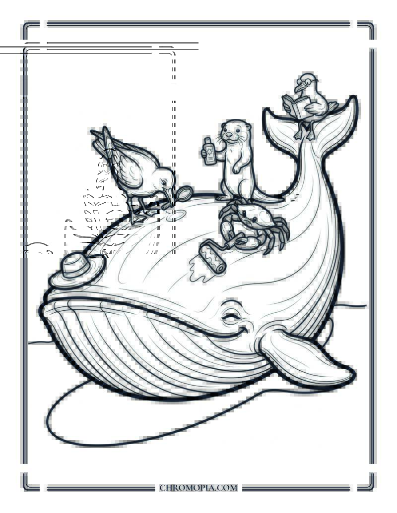 Tiny Animals Applying Sunscreen To A Giant Whale On The Beach Coloring Page