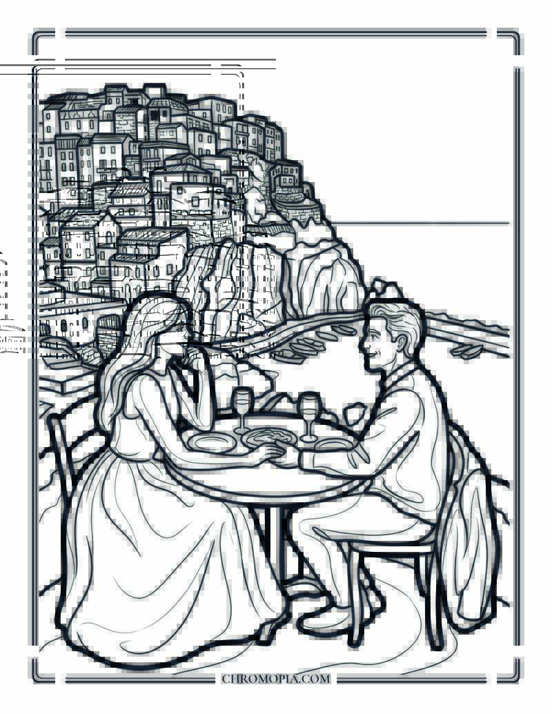 Romantic Couple On An Amalfi Coast Beach Terrace Coloring Page