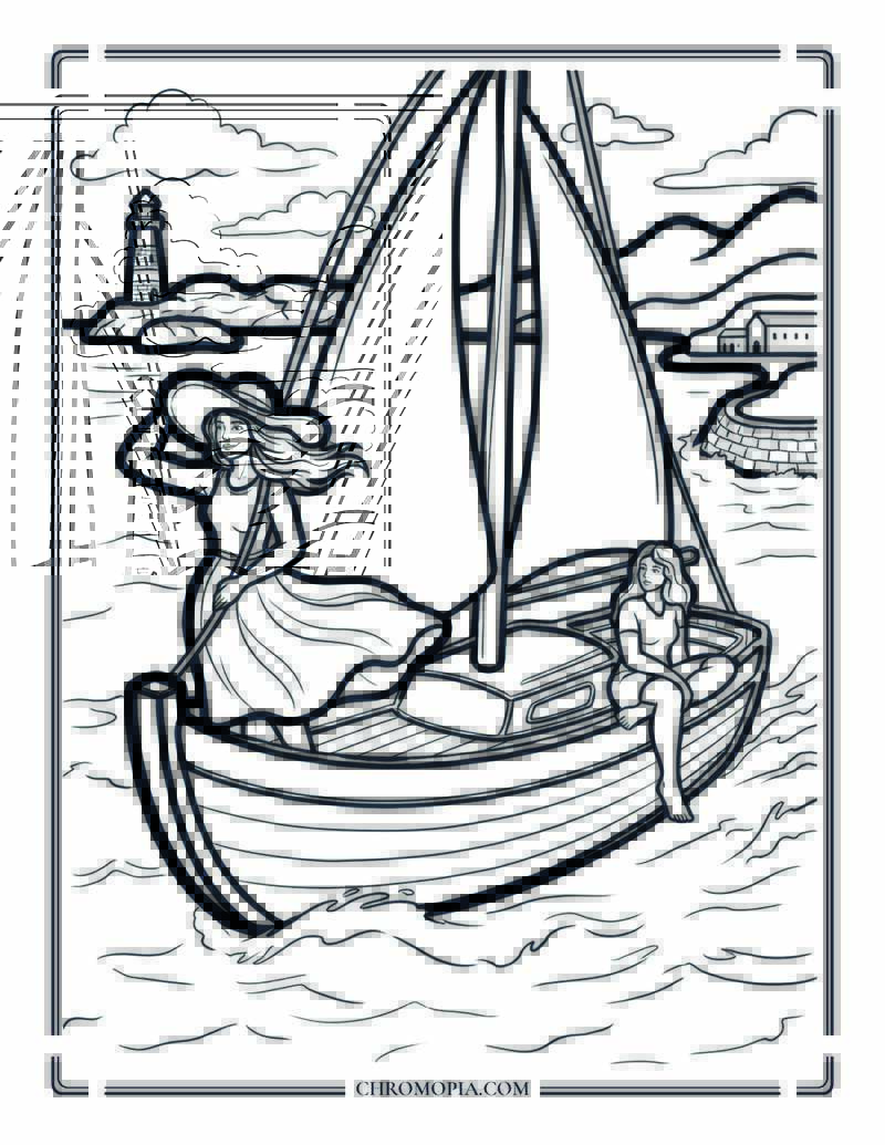 Two Women On A Sailboat Along The French Riviera Beach Coloring Page