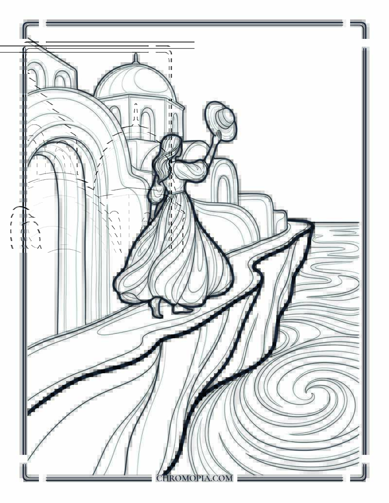Woman In A Flowing Dress On A Santorini Beach Cliff Coloring Page