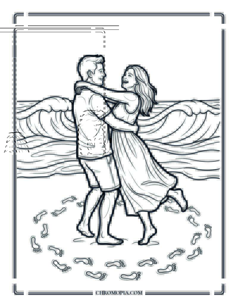 Young Couple Dancing On An Empty Beach At Dusk Coloring Page
