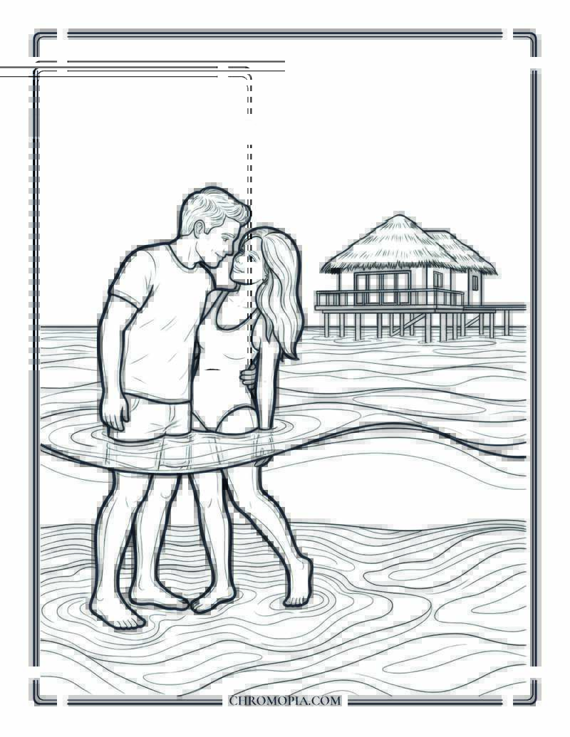 Young Couple Wading In Shallow Beach Water In The Maldives Coloring Page