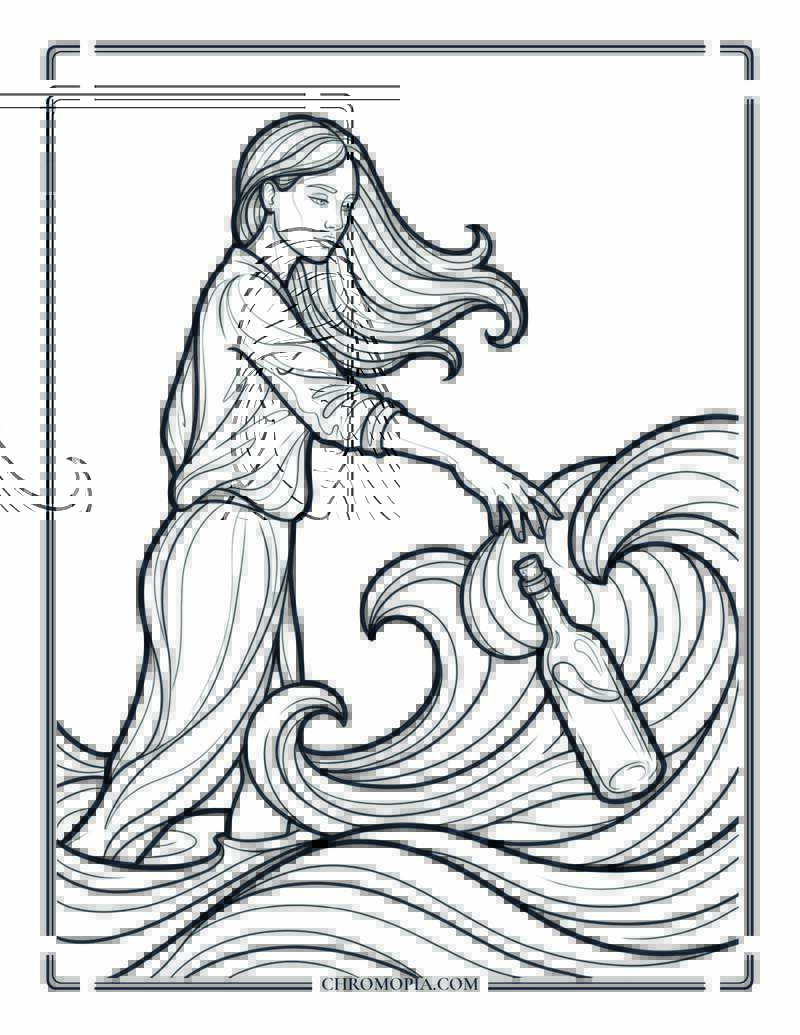 Young Woman Releasing A Message In A Bottle Into Beach Waves Coloring Page