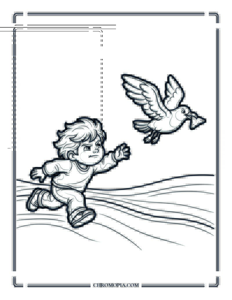 Kid Chasing A Seagull On The Beach Coloring Page