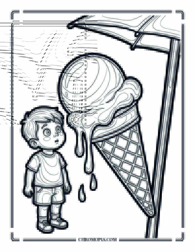Kid With A Melting Ice Cream At The Beach Coloring Page
