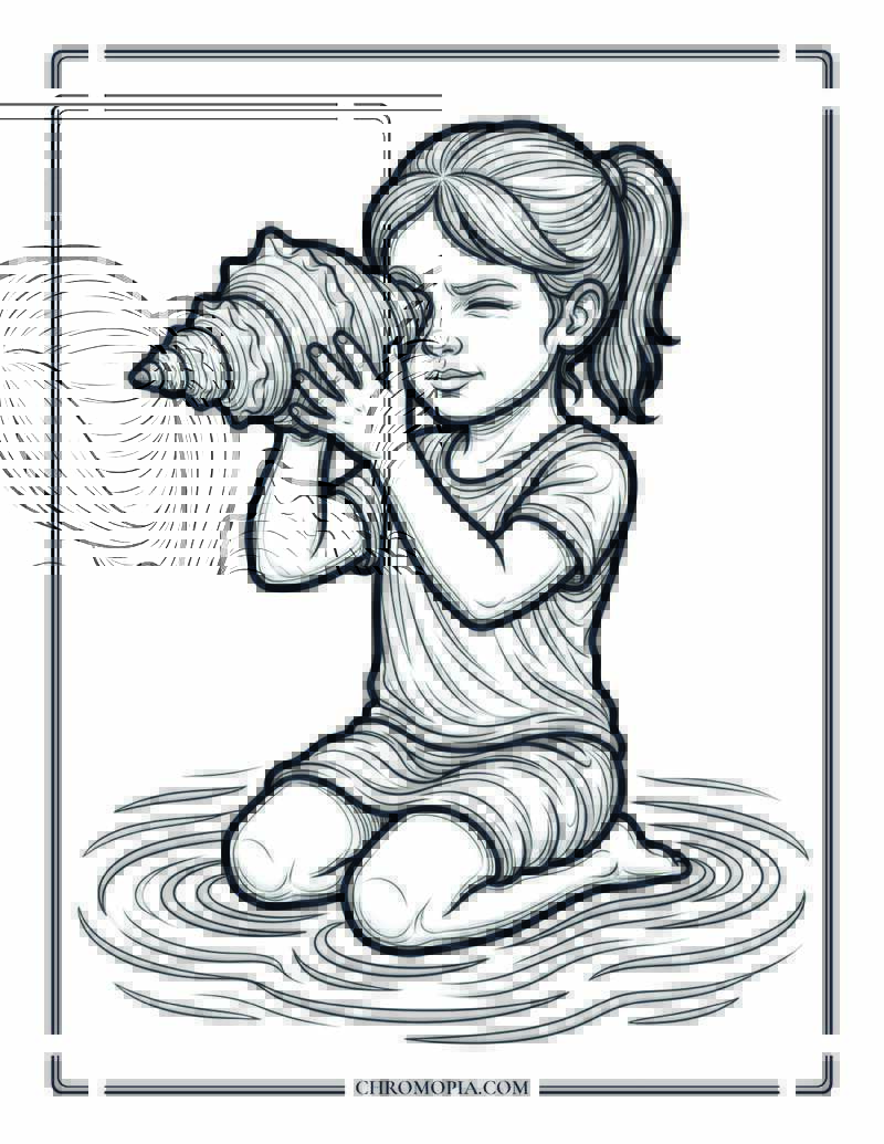 Little Girl Finding A Shell At The Beach Coloring Page