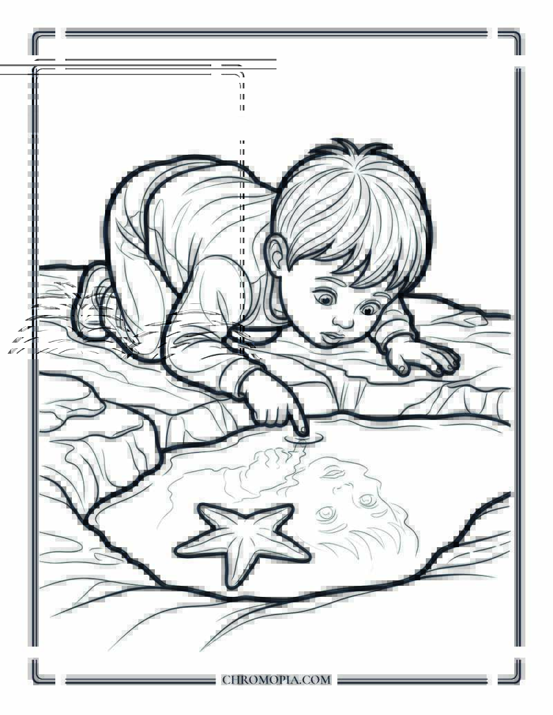 Preschool Children Discovering A Tide Pool At The Beach Coloring Page