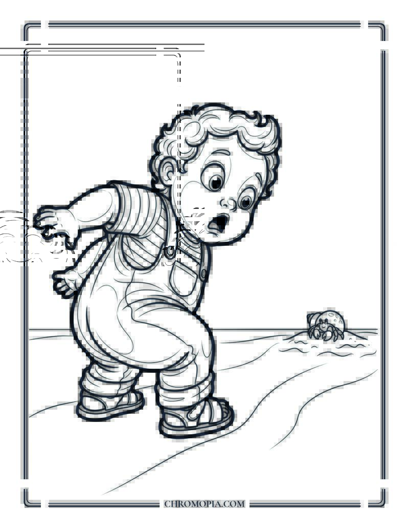 Toddler Backing Away From A Hermit Crab At The Beach Coloring Page