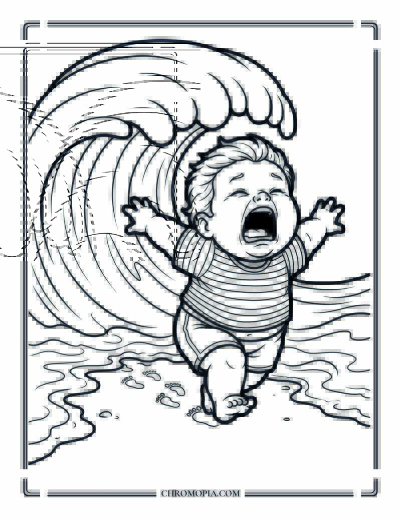 Toddler Running Away From A Wave At The Beach Coloring Page