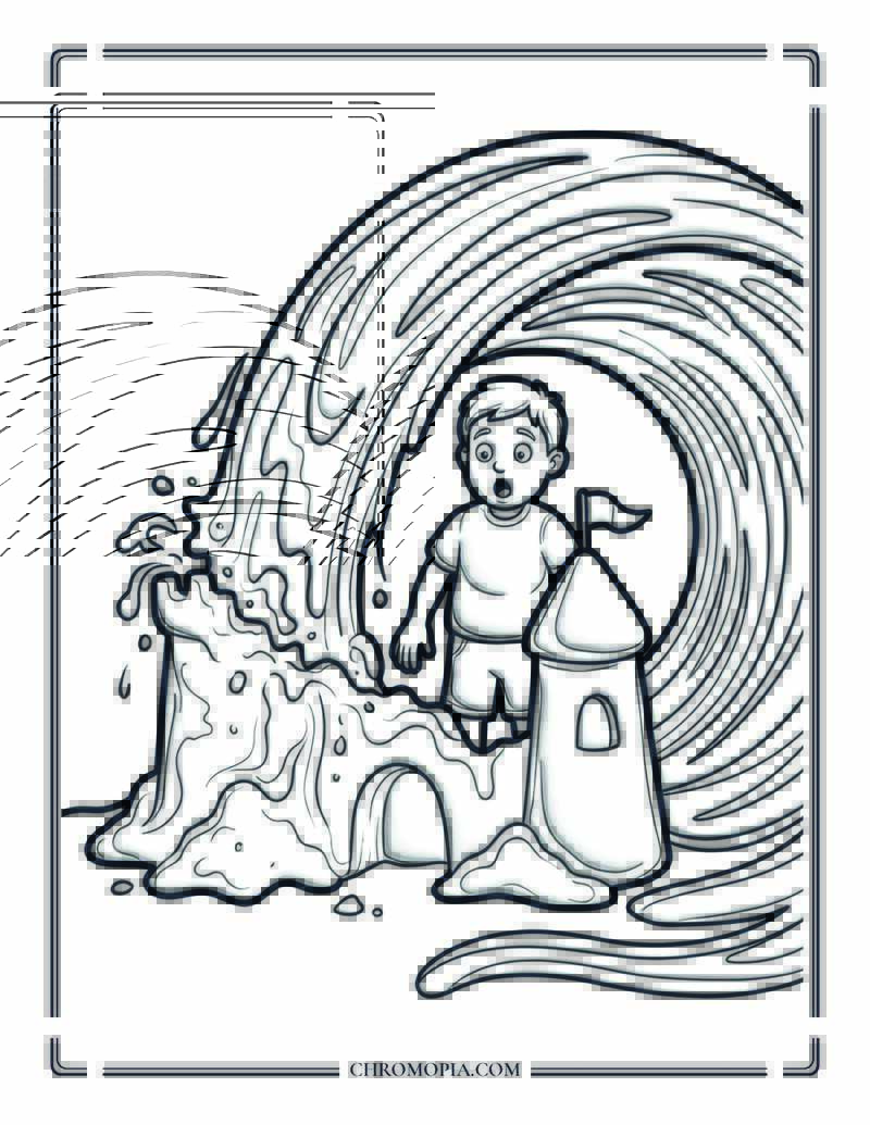 Wave Crashing On A Sandcastle At The Beach Coloring Page