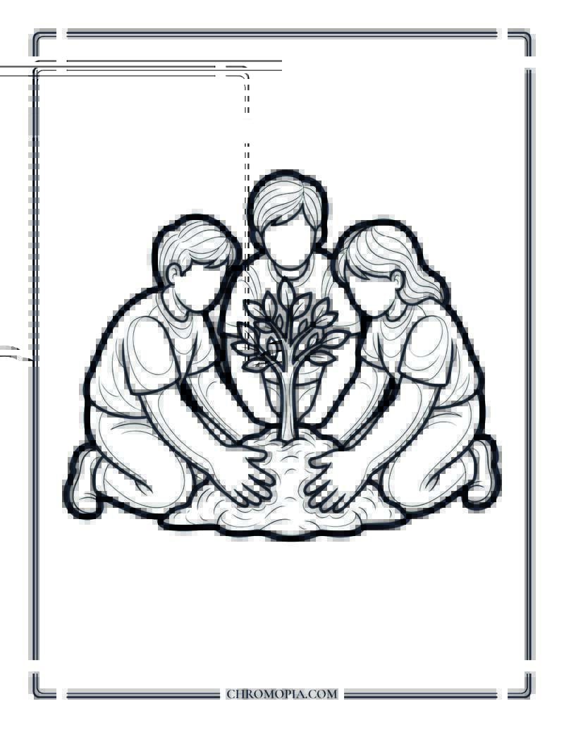 Group Of People Planting One Tree Coloring Page