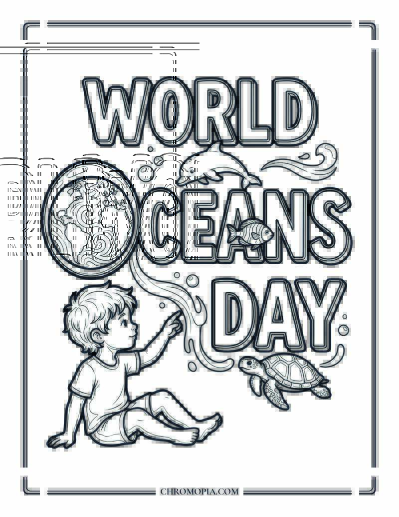3d World Oceans Day Ocean Life Text Coloring Page