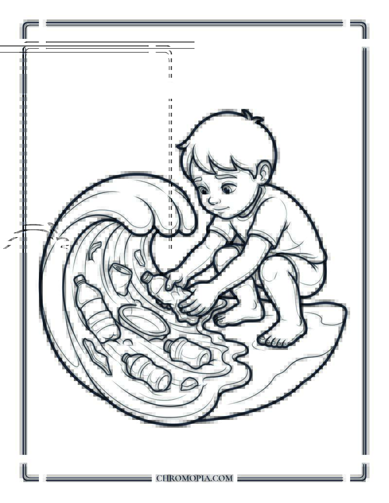 Child Cleaning Plastic From Ocean Wave Coloring Page