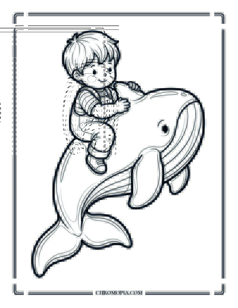 Child Sitting On Friendly Whale Back Coloring Page