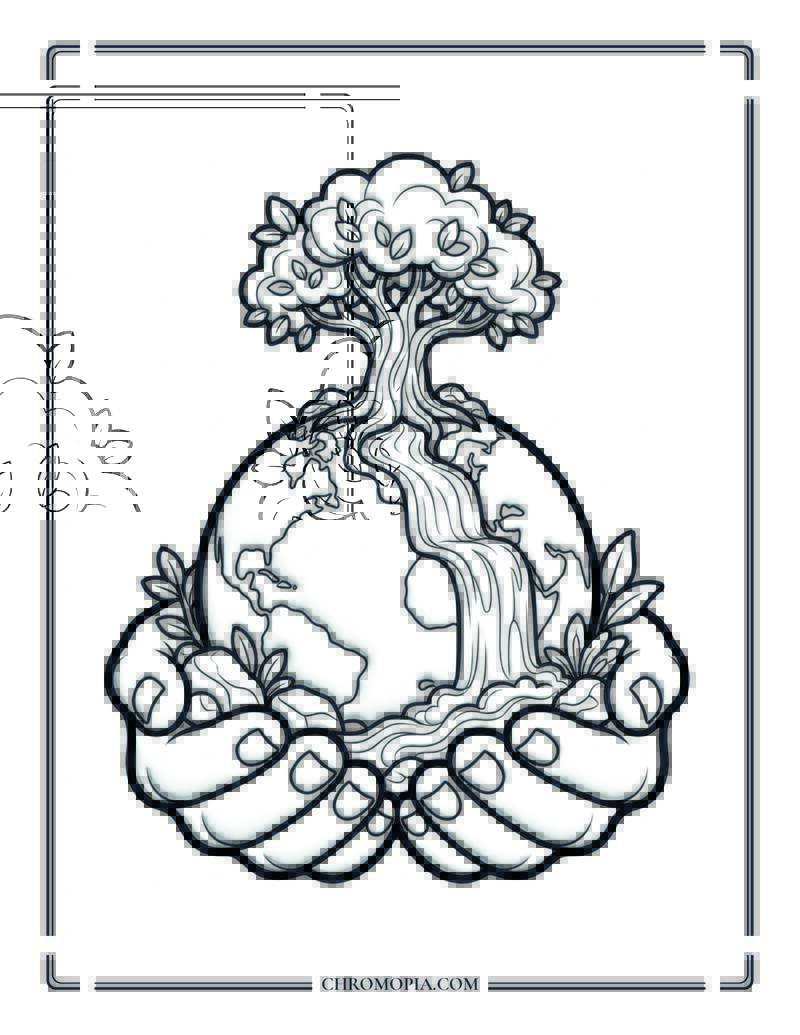 Hands Holding Earth With Tree And Flowing Water Coloring Page