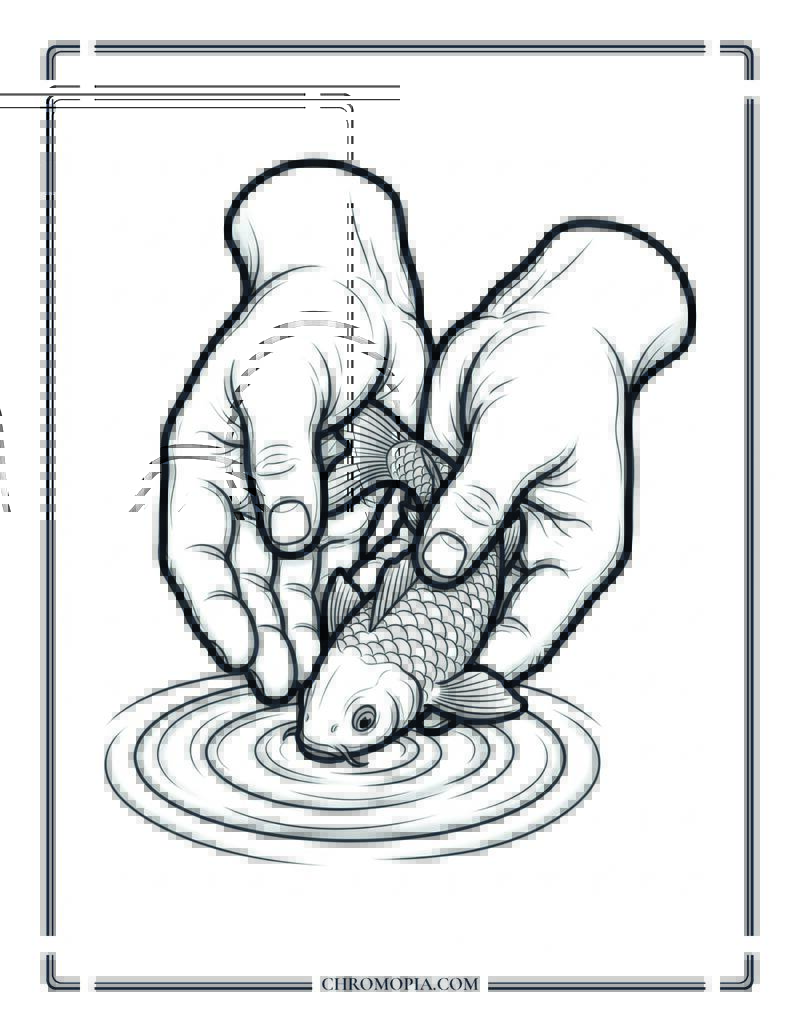 Hands Releasing Fish Back Into Water Coloring Page