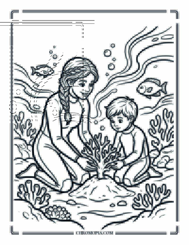 Mother And Child Planting Coral Reef Coloring Page