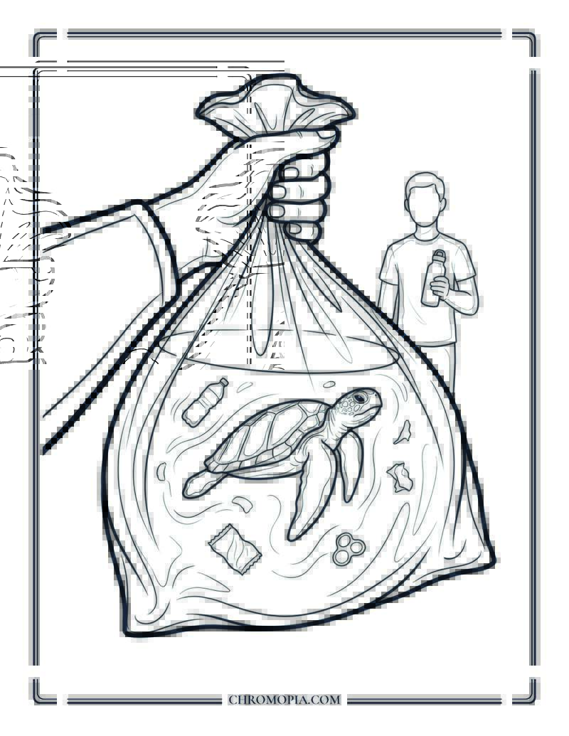 Person Holding Plastic Bag With Ocean Life Inside Coloring Page