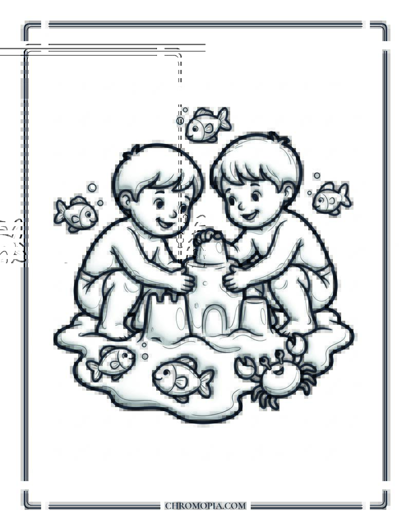 Two Children Building Sandcastle With Sea Life Coloring Page