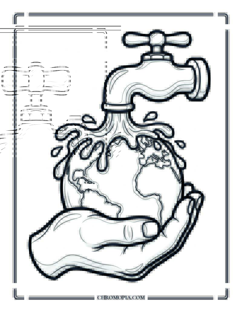 Water Flowing From Tap Into Hand Held Earth Coloring Page