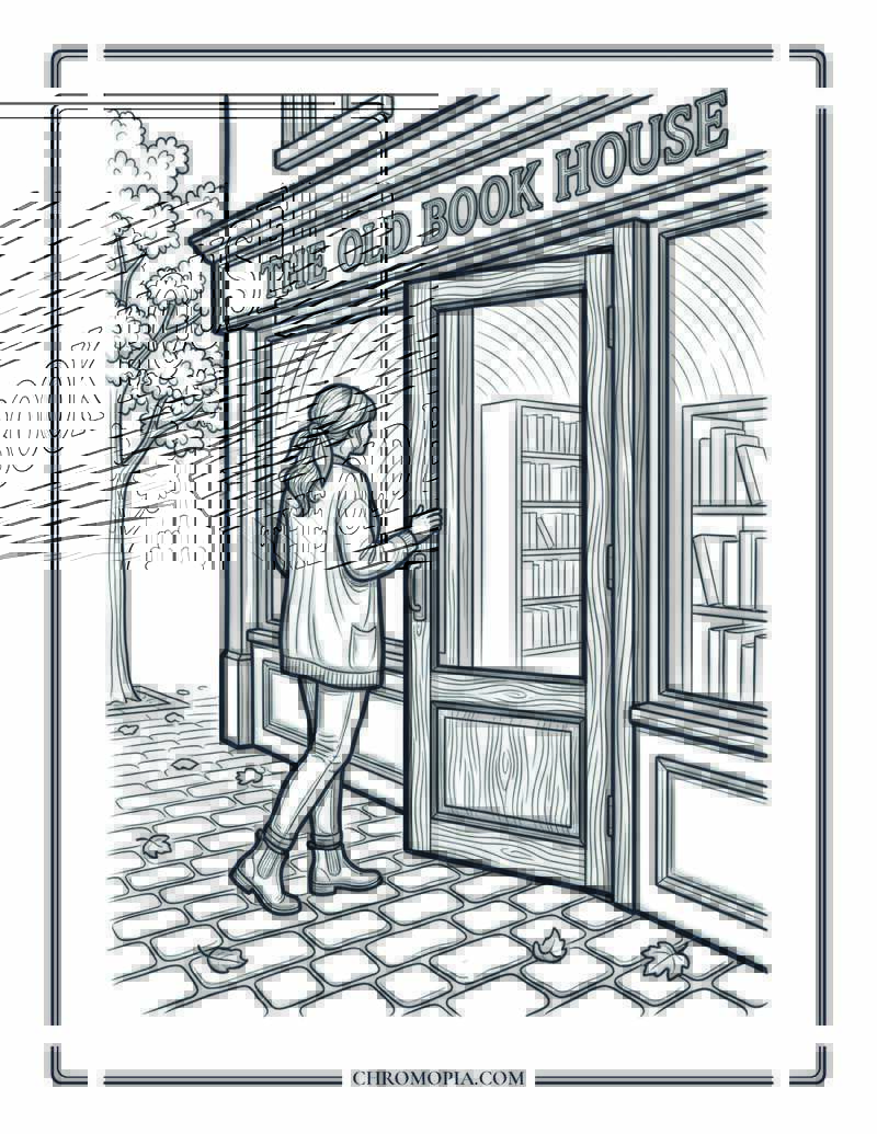 Autumn Bookstore Entrance Moment Coloring Page