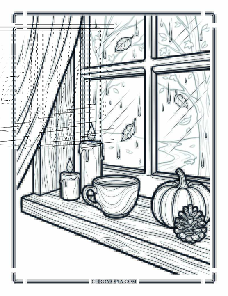 Autumn Rain Window Reflection Moment Coloring Page