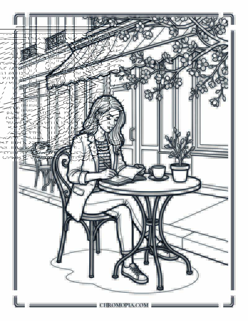 Cozy Autumn Cafe Journaling Scene Coloring Page
