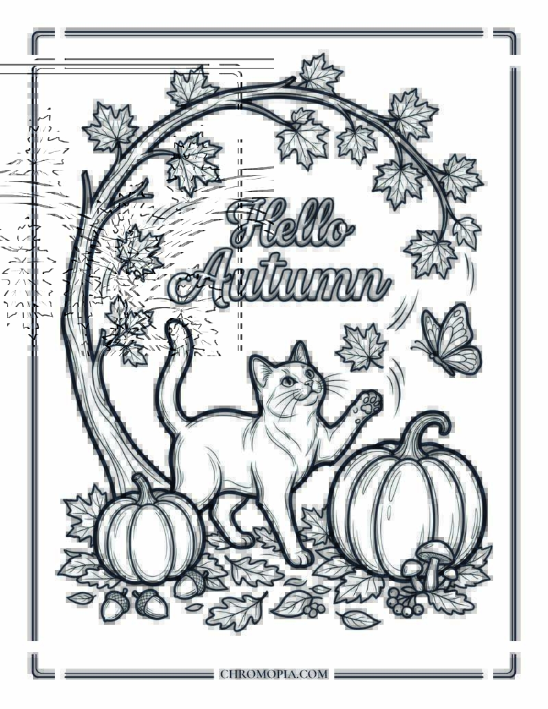Hello Autumn Playful Cat Under Leaf Wreath Coloring Page