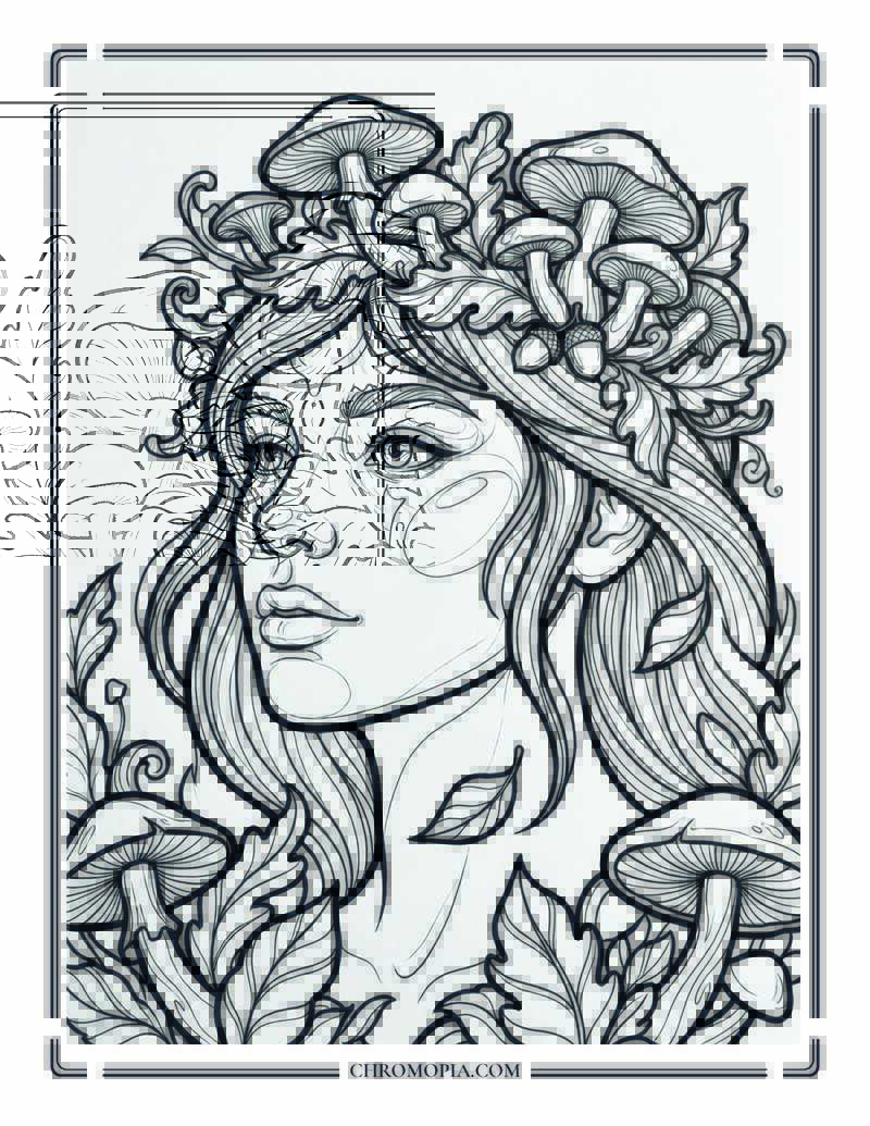Autumn Forest Muse With Mushroom Crown Coloring Page