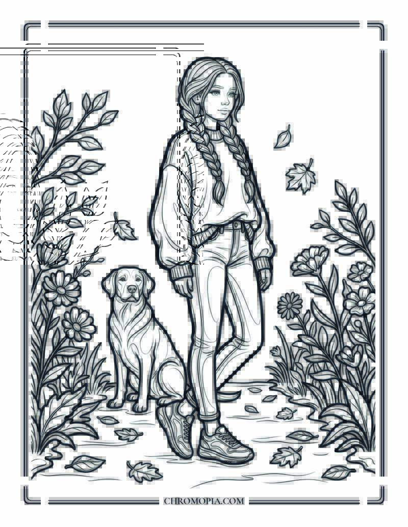 Autumn Girl With Dog Portrait Scene Coloring Page