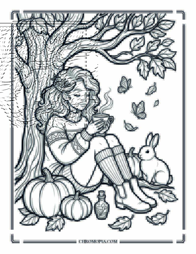 Cozy Autumn Tea Under Tree Coloring Page