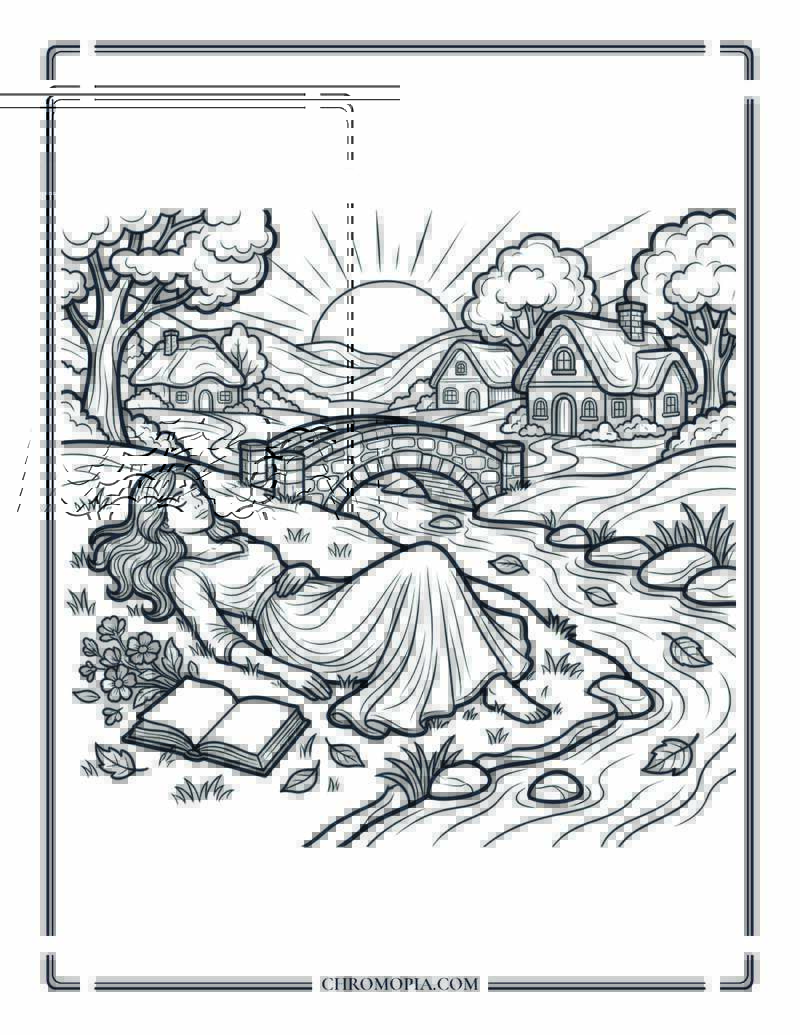 Dreamy Countryside Resting Girl By Stream Coloring Page