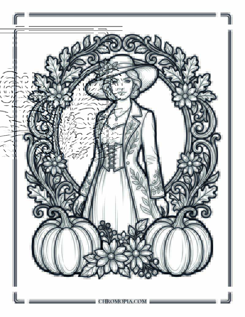 Elegant Autumn Woman With Ornate Frame Coloring Page