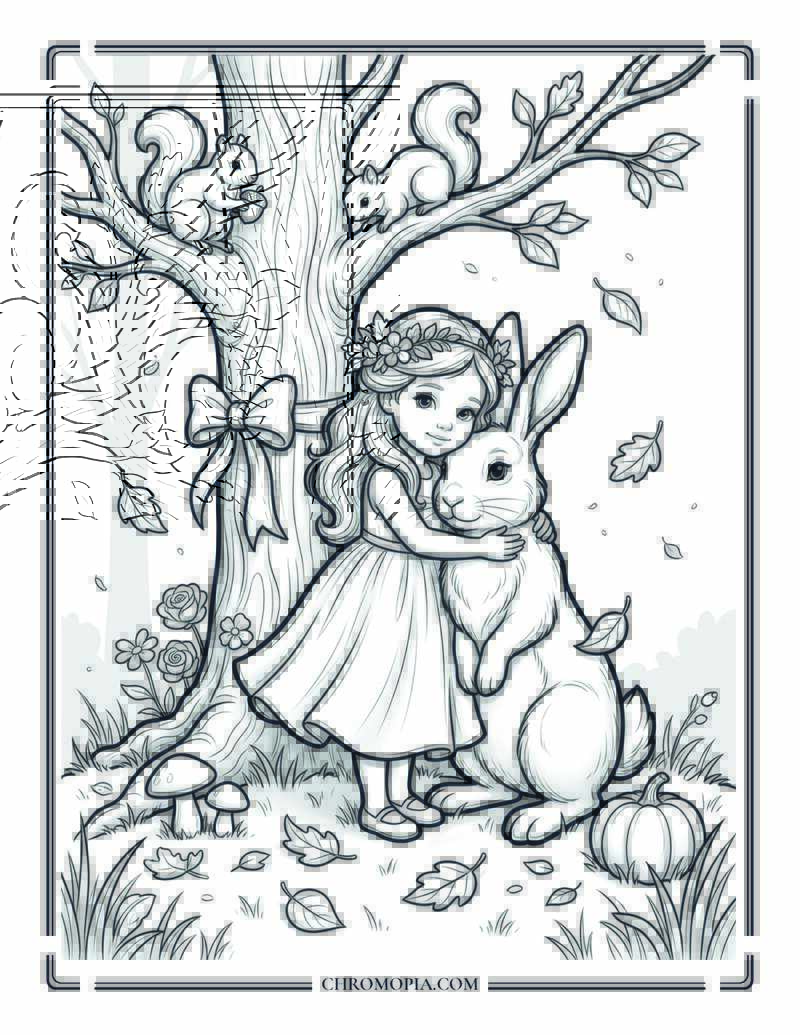 Enchanted Autumn Girl With Forest Friends Coloring Page