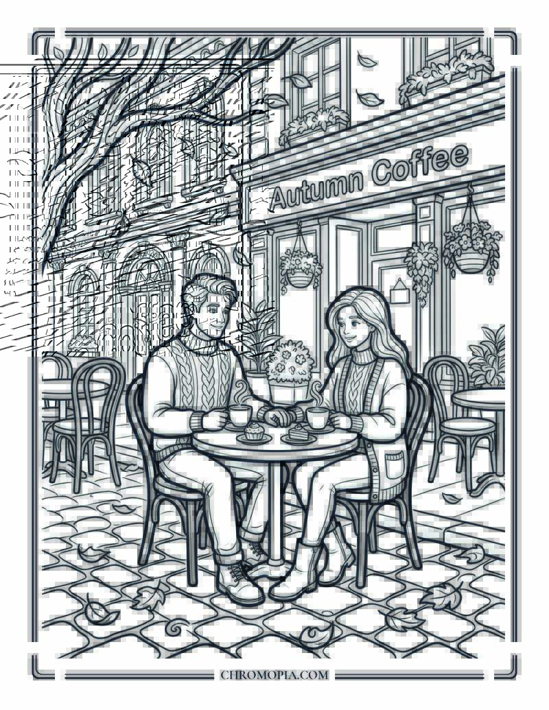 Cozy Autumn Coffee Date Street Scene Coloring Page