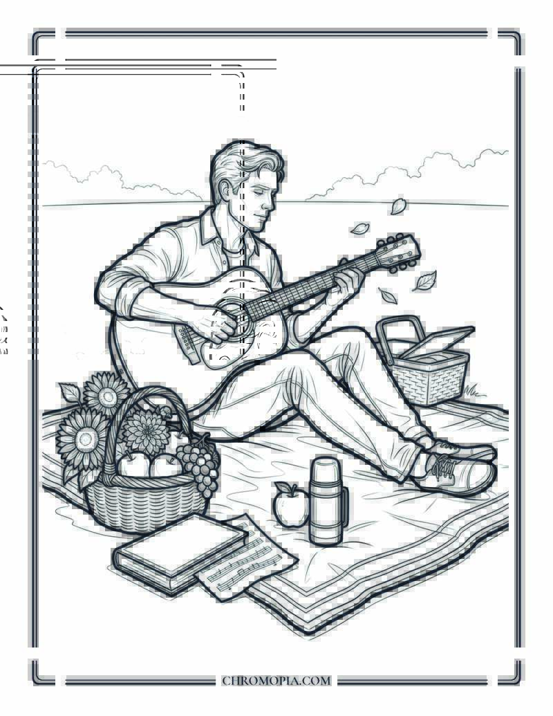 Golden Hour Guitar Picnic Coloring Page