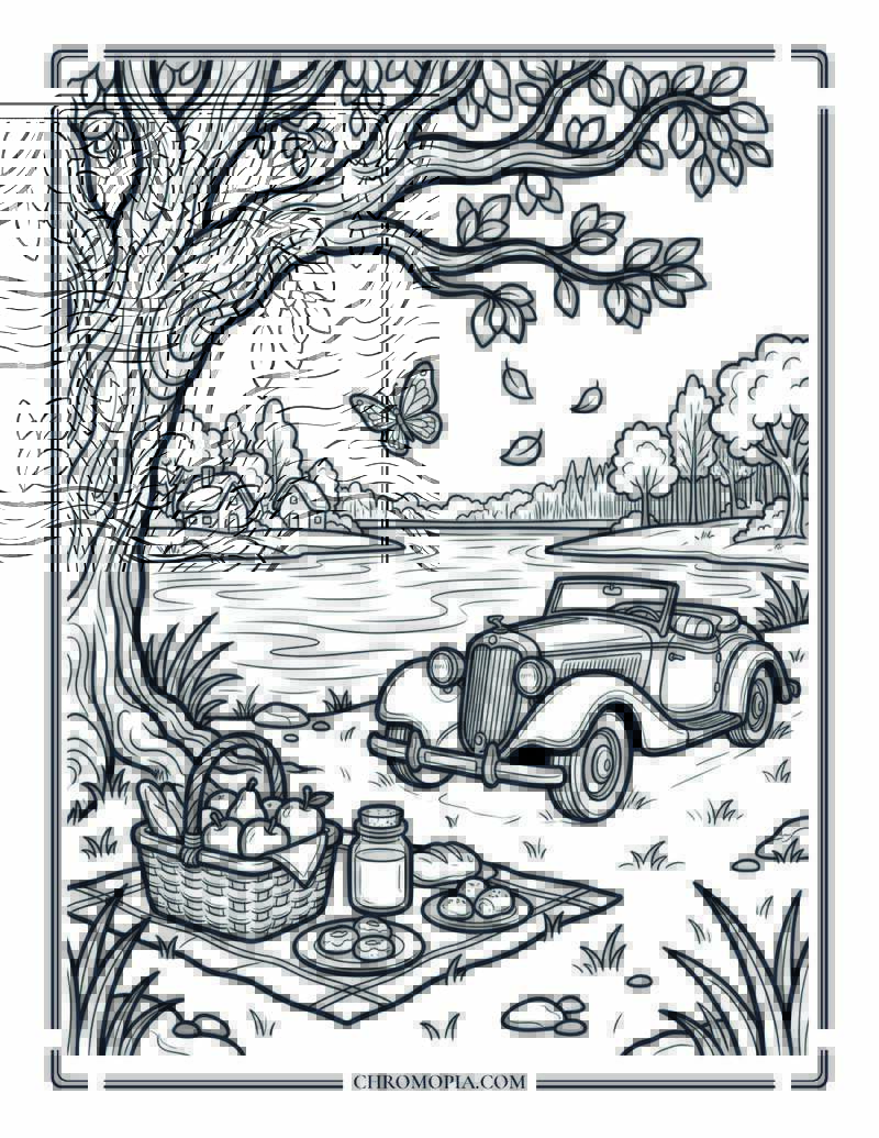 Golden Lakeside Picnic With Vintage Car Coloring Page