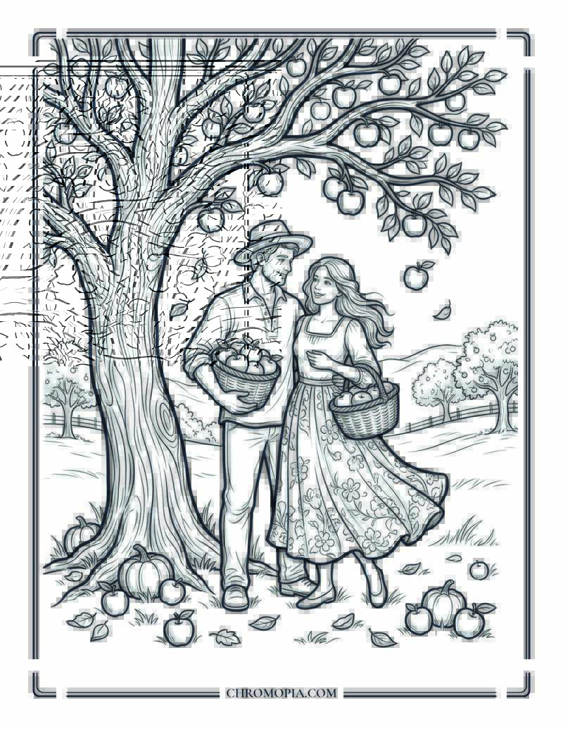 Orchard Couple Apple Picking Scene Coloring Page