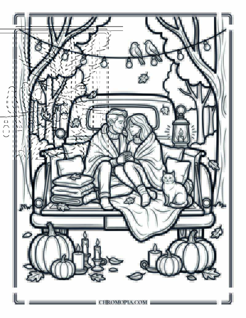 Romantic Autumn Truck Bed Cozy Scene Coloring Page