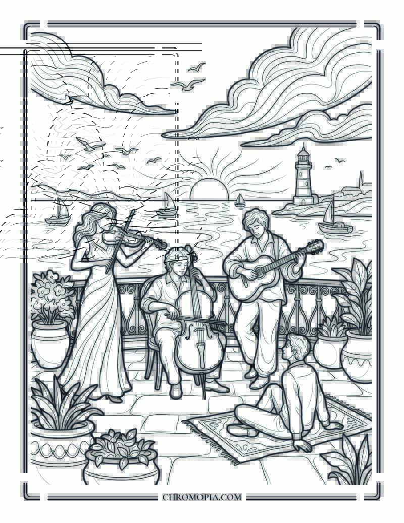 Sunset Terrace Music Gathering Coloring Page
