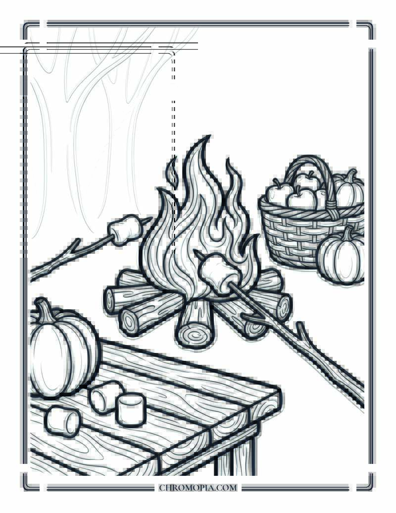 Autumn Campfire Gathering Scene Coloring Page