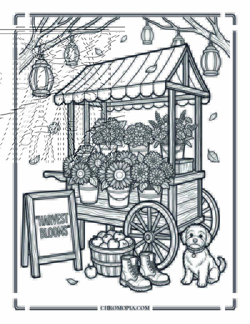 Autumn Flower Market Cart Scene Coloring Page