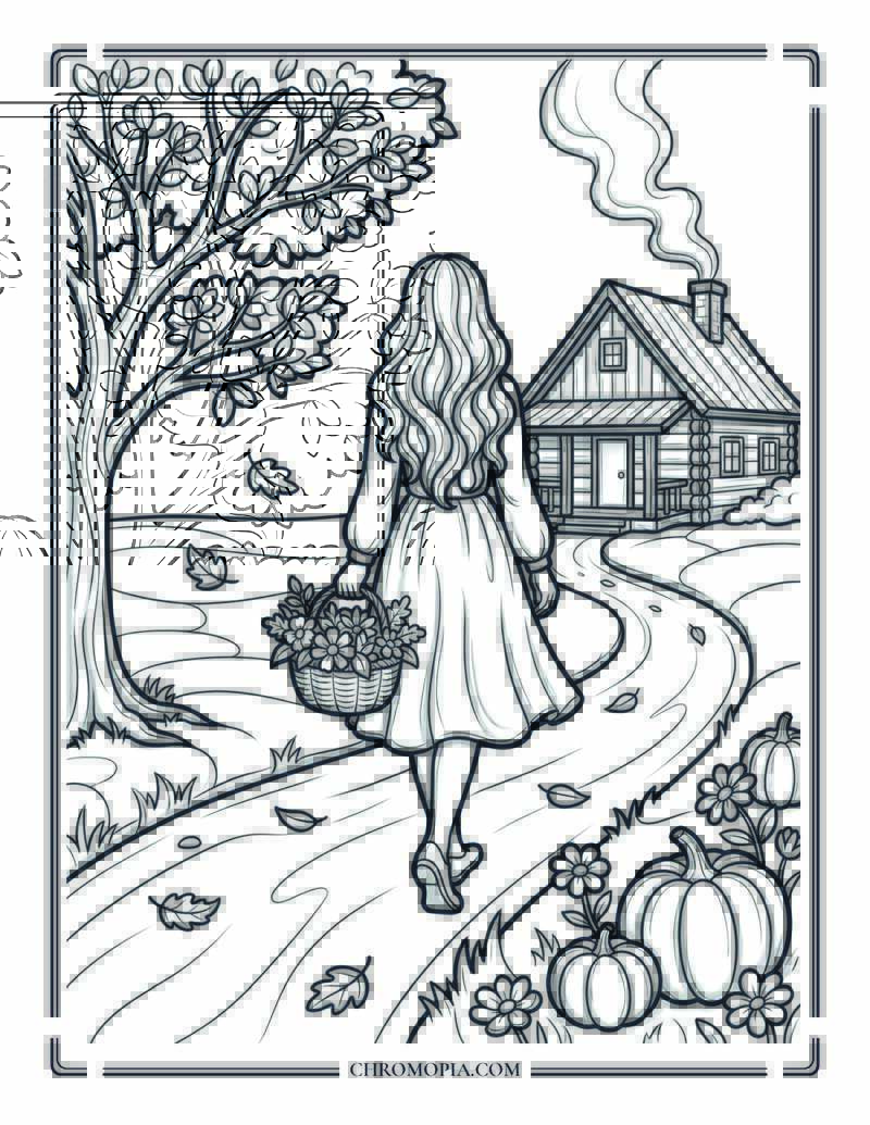Autumn Path To Cozy Cabin Moment Coloring Page