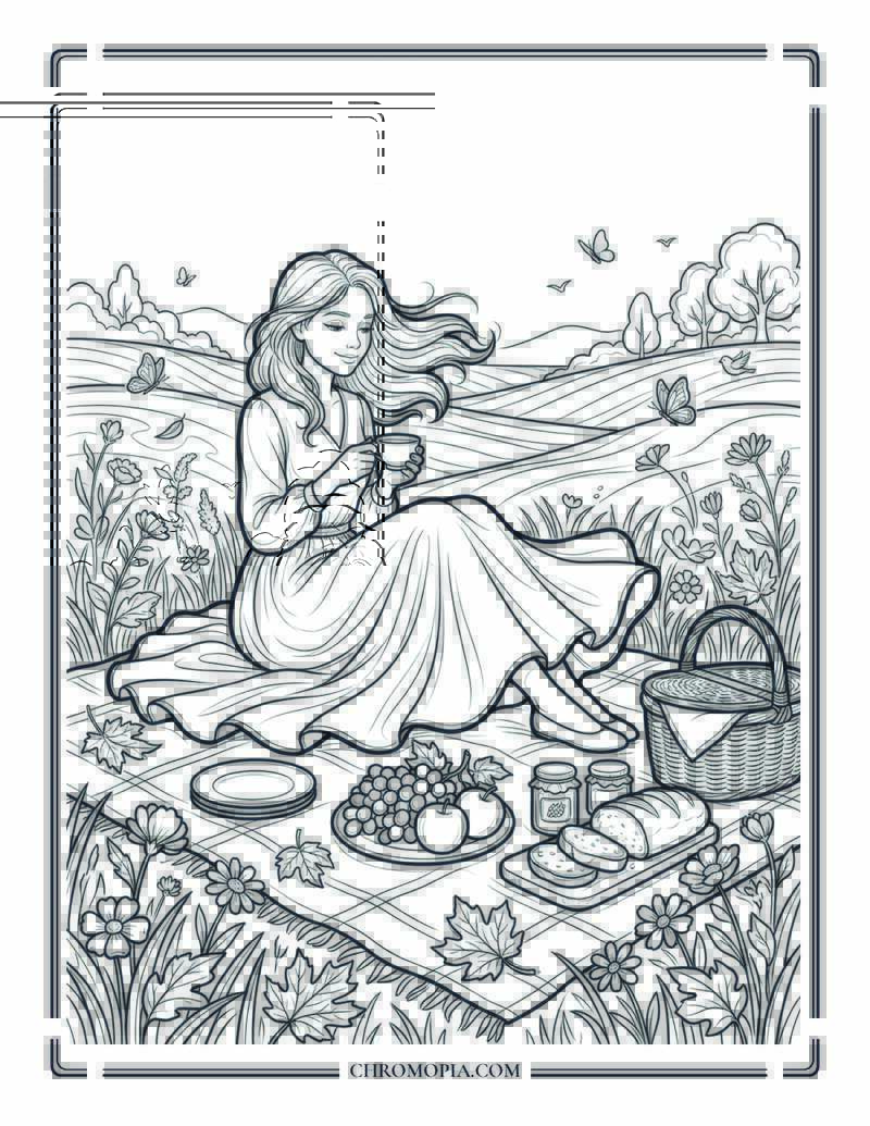 Fall Season Meadow Picnic Serenity Scene Coloring Page