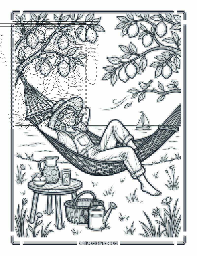 Lemon Garden Hammock Relaxation Scene Coloring Page
