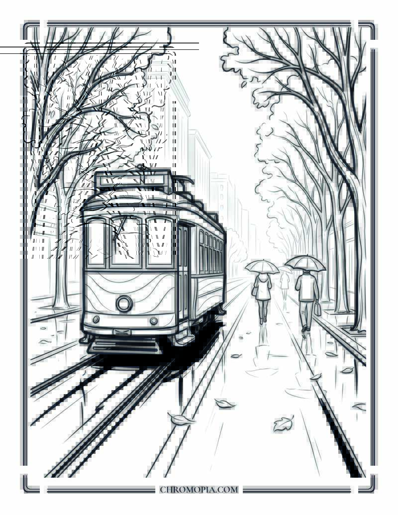 Rainy Autumn Tram Street Coloring Page