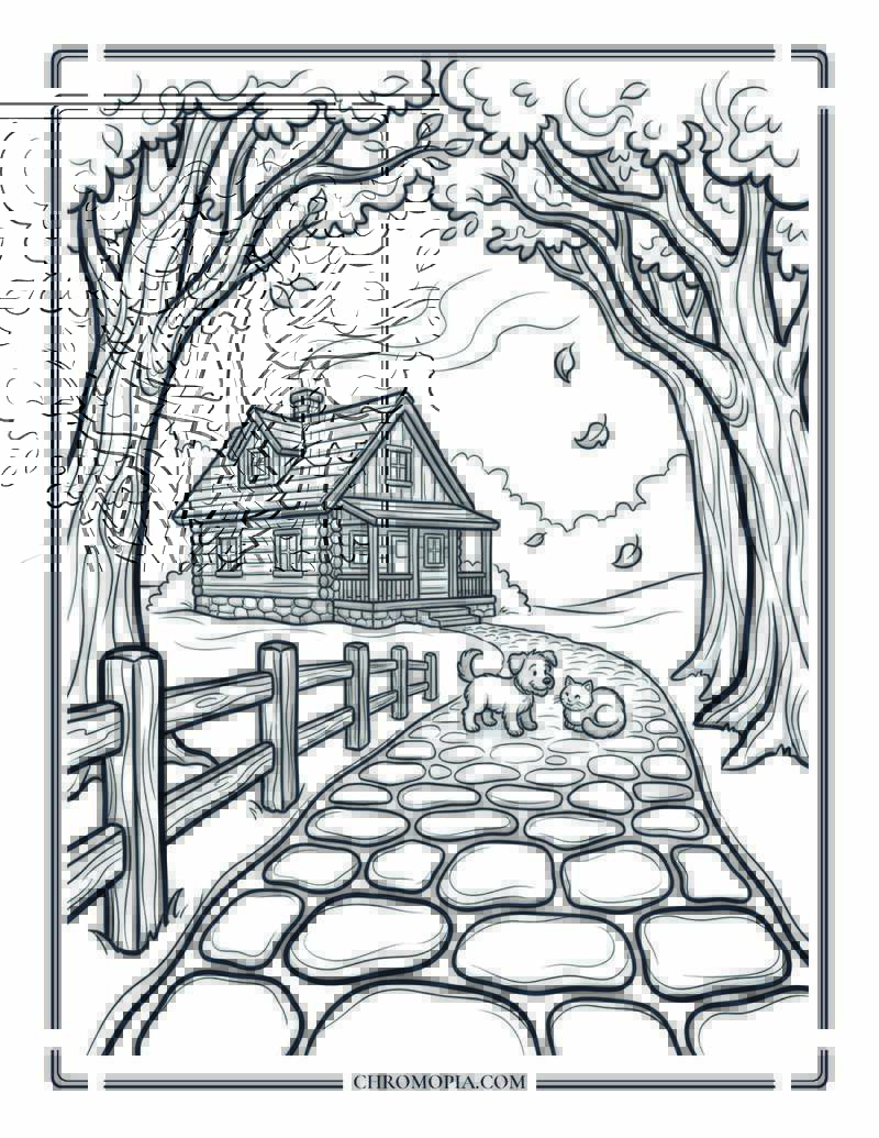 Rustic Cabin Path With Falling Leaves Coloring Page