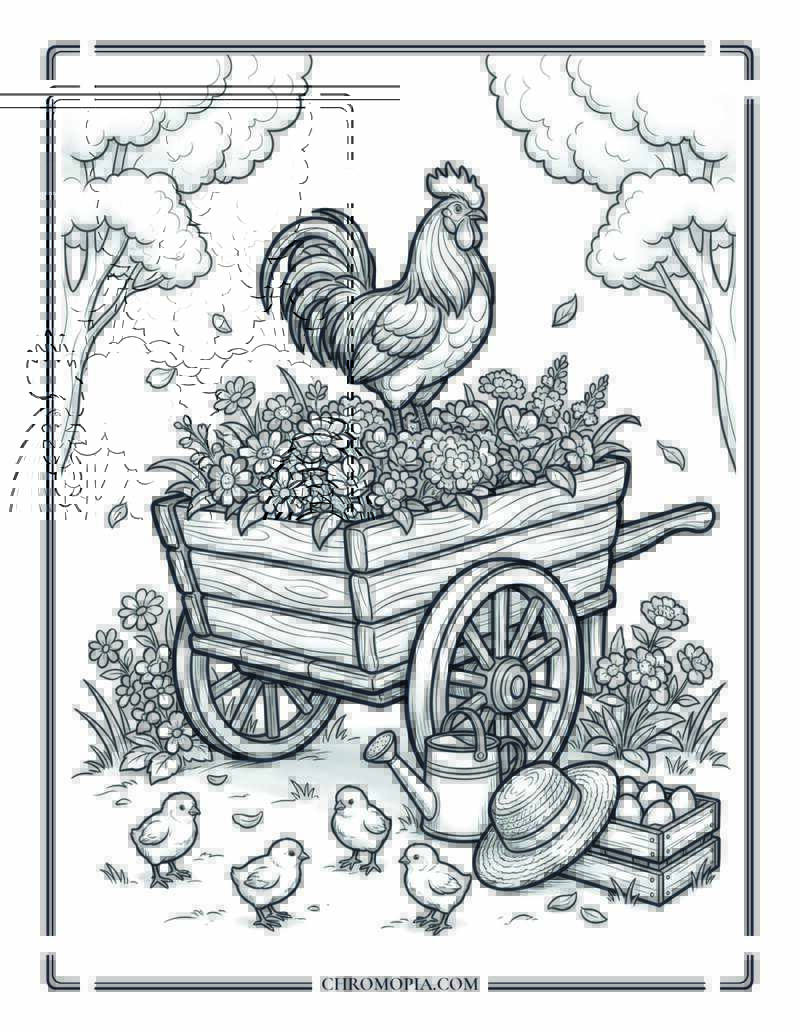 Rustic Rooster Garden Cart Scene Coloring Page
