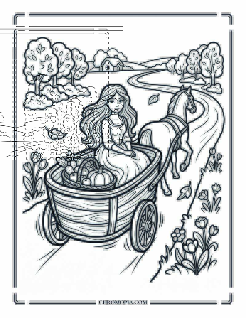Whimsical Autumn Carriage Story Scene Coloring Page