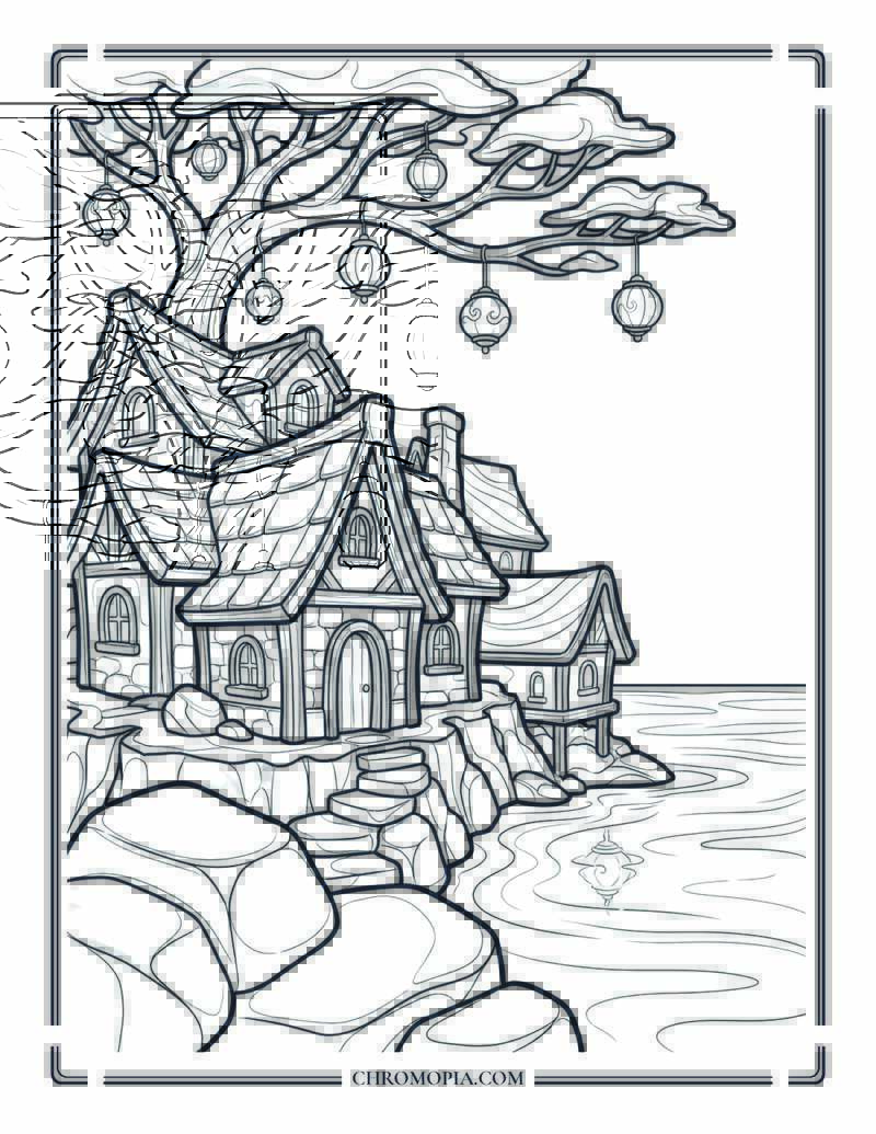 Whimsical Lakeside Lantern Village Coloring Page